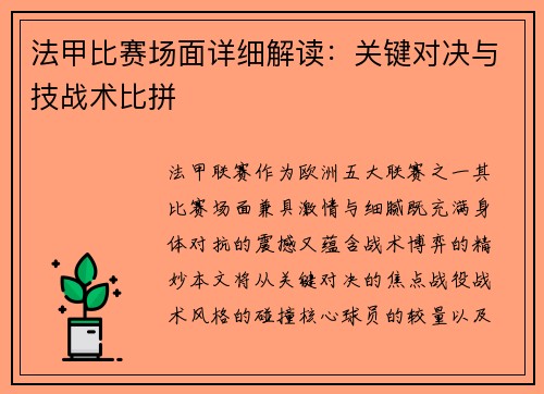 法甲比赛场面详细解读：关键对决与技战术比拼