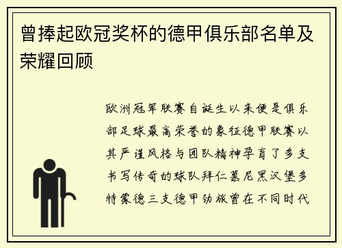曾捧起欧冠奖杯的德甲俱乐部名单及荣耀回顾
